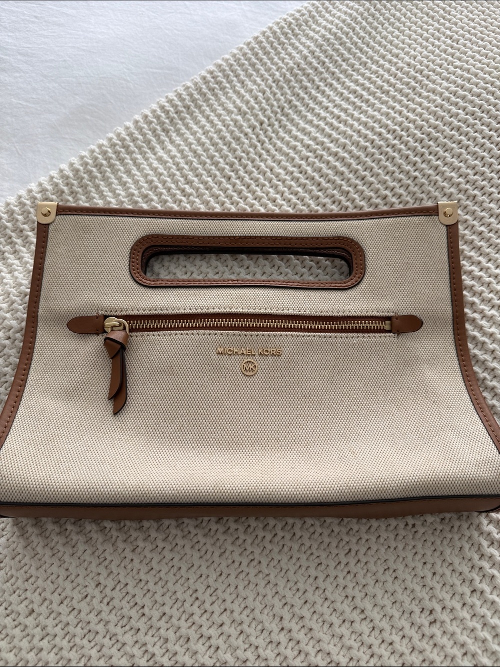 Michael Kors Cream Canvas Clutch with Brown Leather Trim